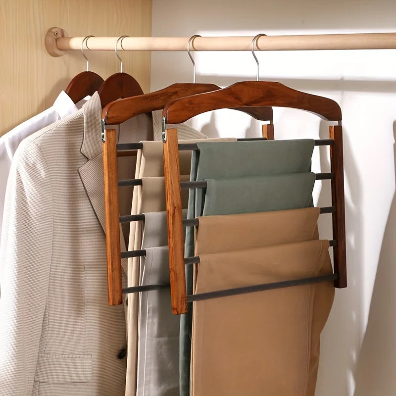 Solid wood multifunctional trouser rack with coat rack and scarf storage, brown finish