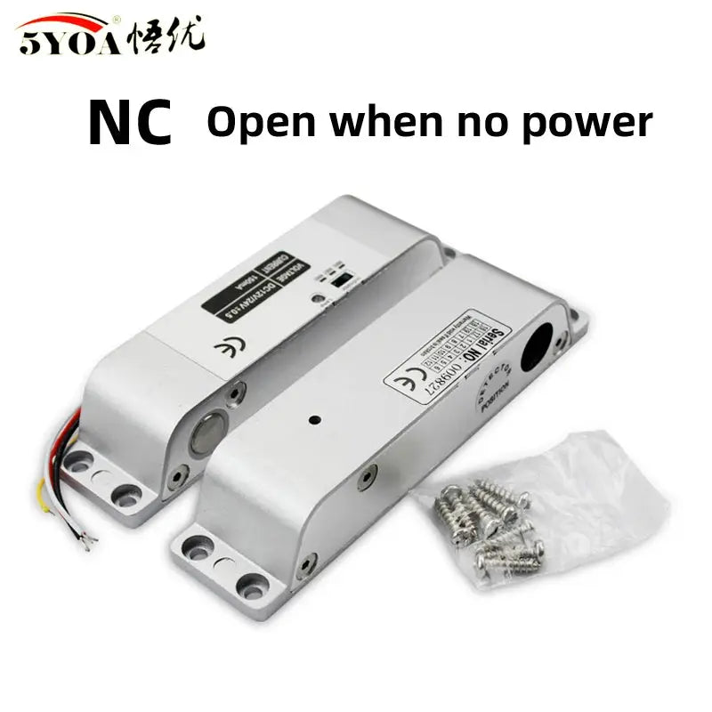 2x 5YOA electric mortise locks with drop bolts, DC12V, silver finish, screws included