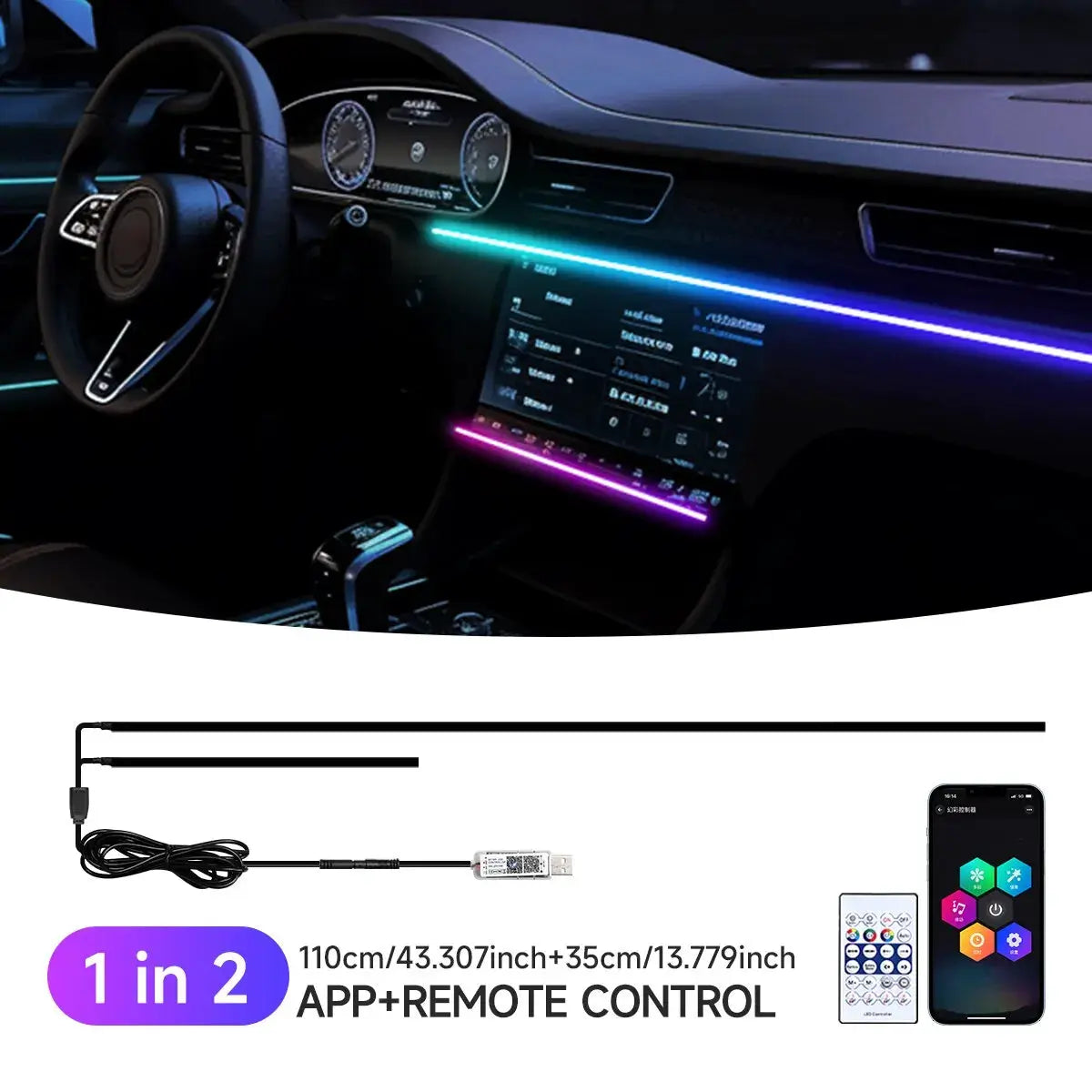 Simples Market car LED ambient light strip, 110cm RGB USB kit with app and remote control