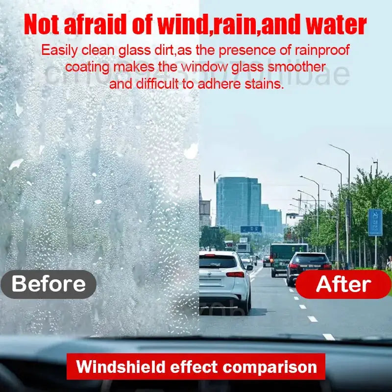 Car glass rain-repellent spray coating; hydrophobic nano coating for windshields, before/after windshield comparison