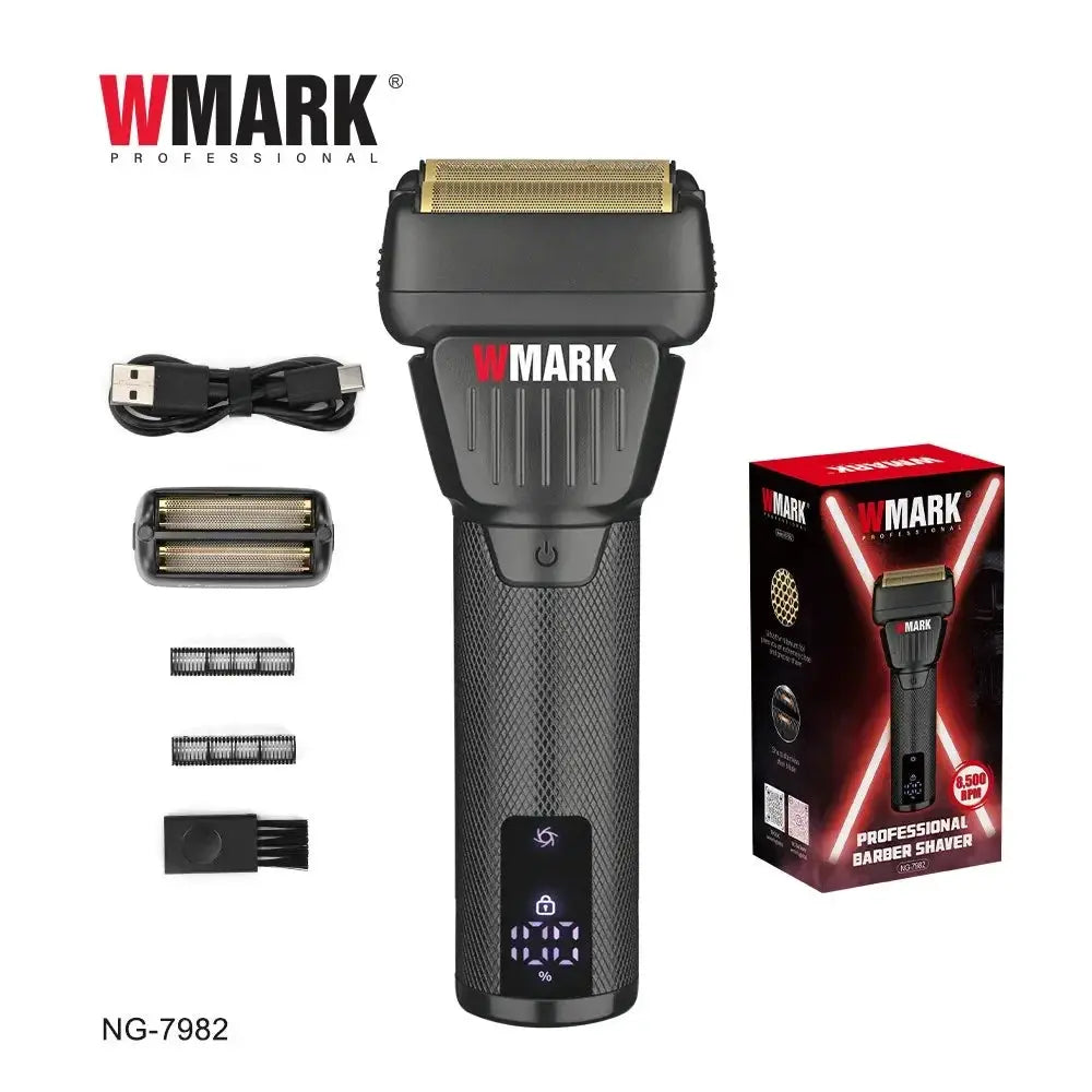 WMARK NG-7982 professional hair trimmer with 9000RPM LCD display and titanium-plated double blade.