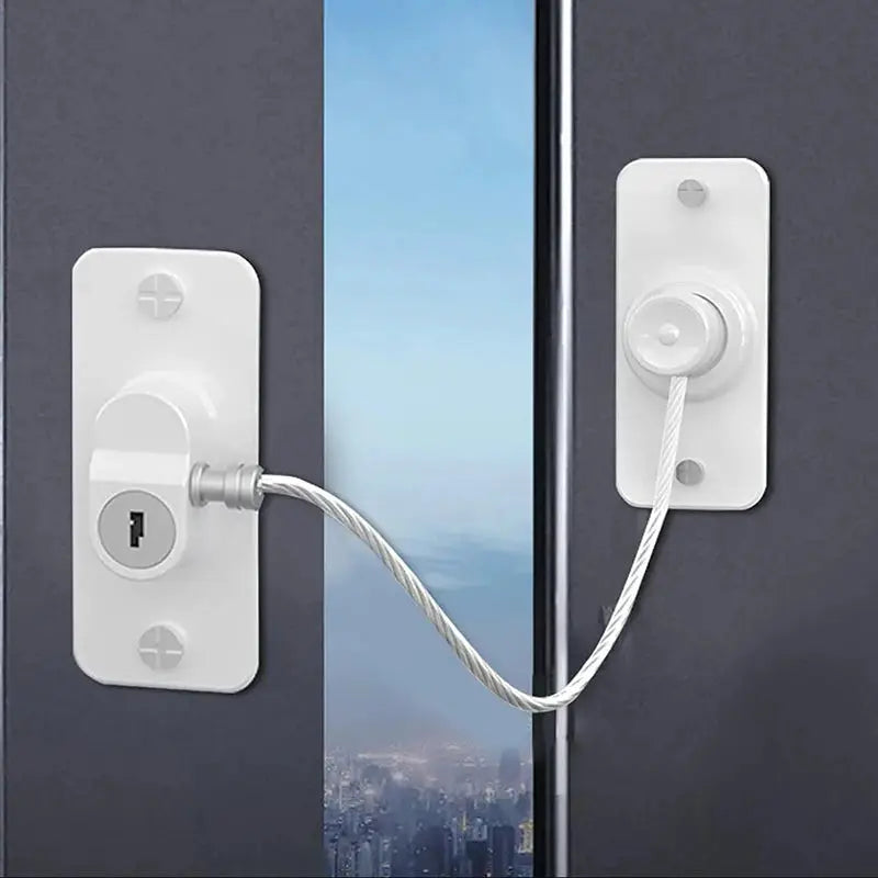 Child safety window locks by Simples Market, white plastic with steel cable; pair for windows
