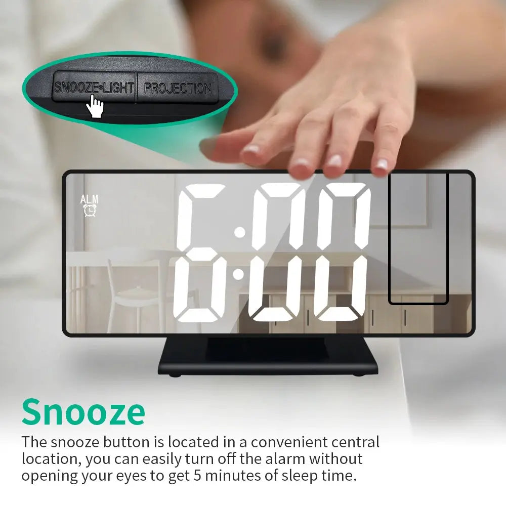 USB-powered black digital alarm clock with 180° projection and snooze button