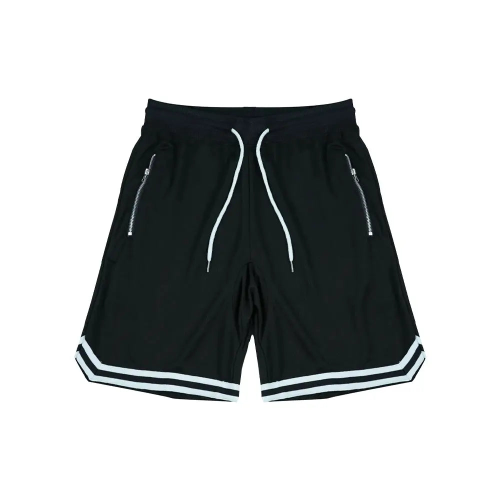 Men's black basketball shorts with white drawstrings, zip pockets, and striped hem