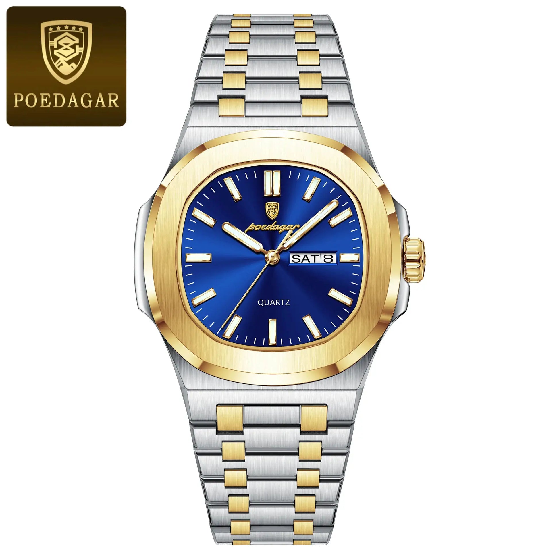 POEDAGAR men's two-tone stainless steel wristwatch with blue dial, gold bezel, day/date window