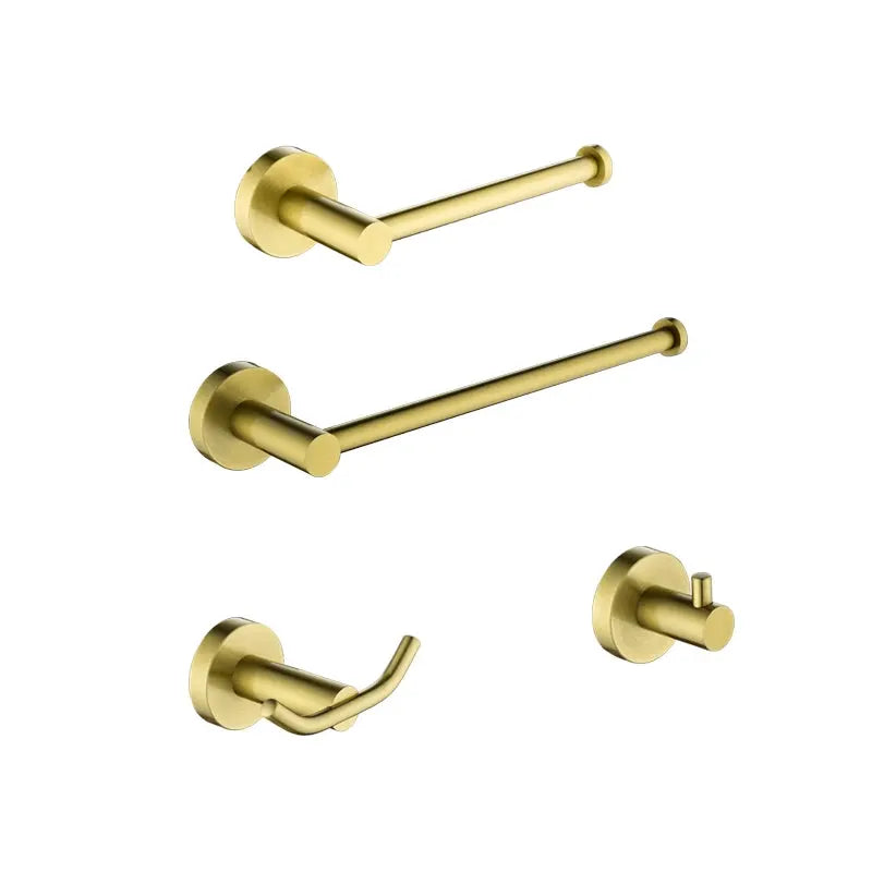 Simples Market brushed gold bathroom hardware set with two towel bars, robe hook, and paper holder