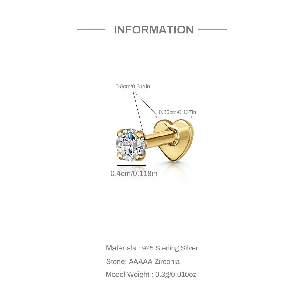 AIDE gold-tone heart-back zircon helix piercing stud earring with 925 sterling silver post