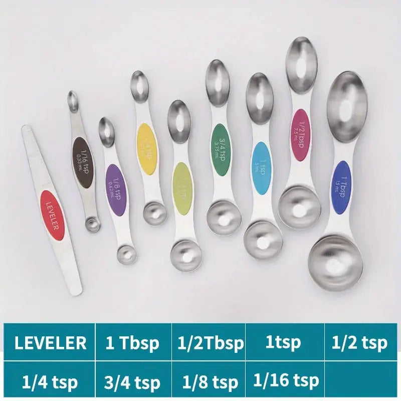 ChefMate Stainless Steel Double Headed Measuring Spoon Set 9 Piece With Magnetic Suction And Precise Scale