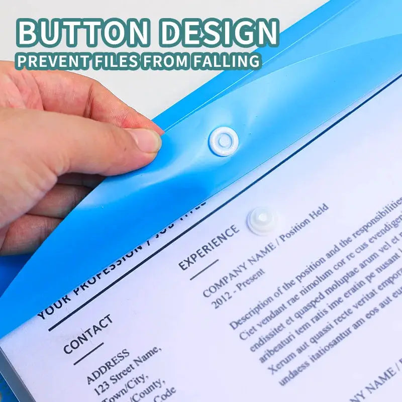 Blue plastic A4 file bag with snap-button closure for organizing documents