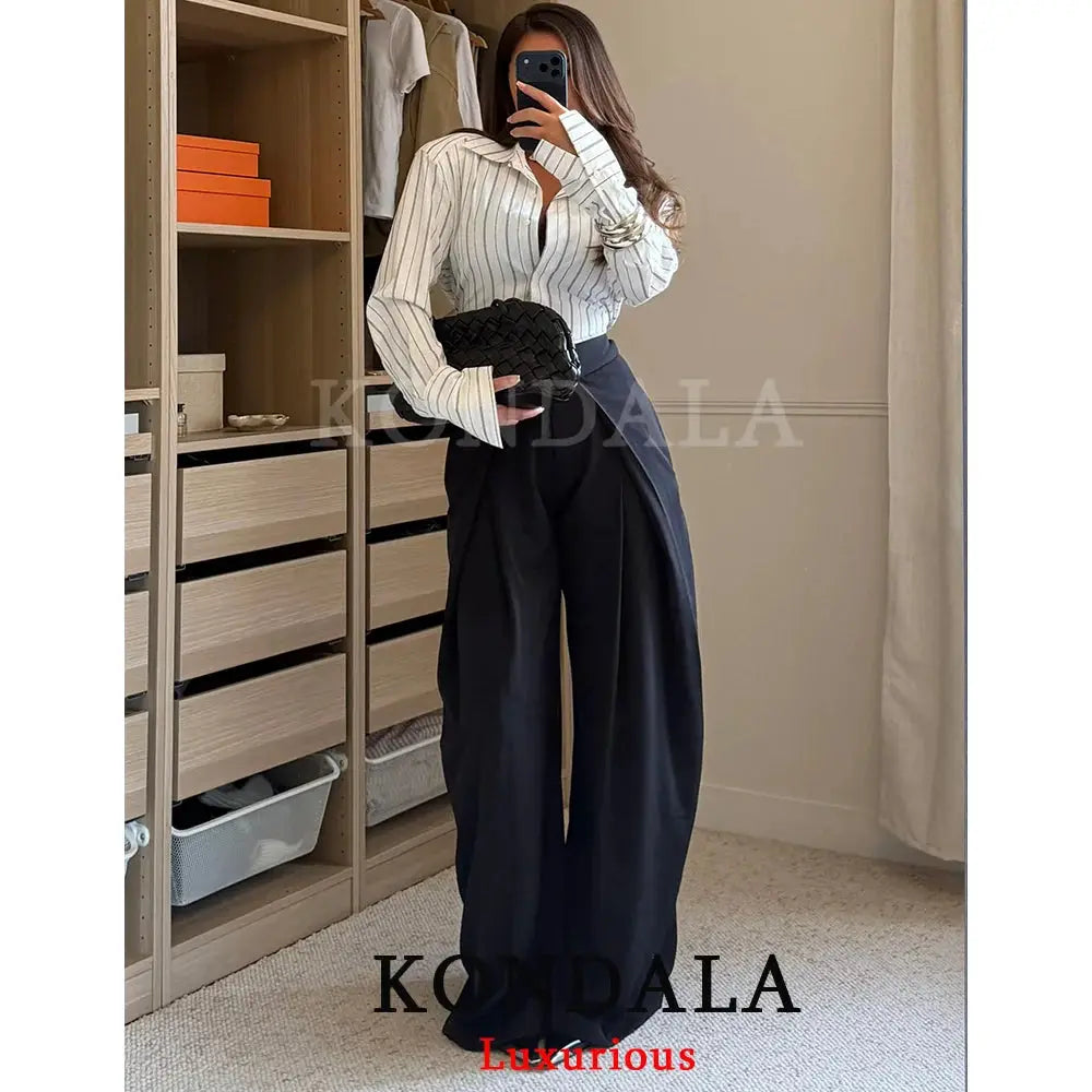KONDALA Casual Chic Wide Leg Pants For Women High Waist Pleated Trousers With Pockets Office Lady