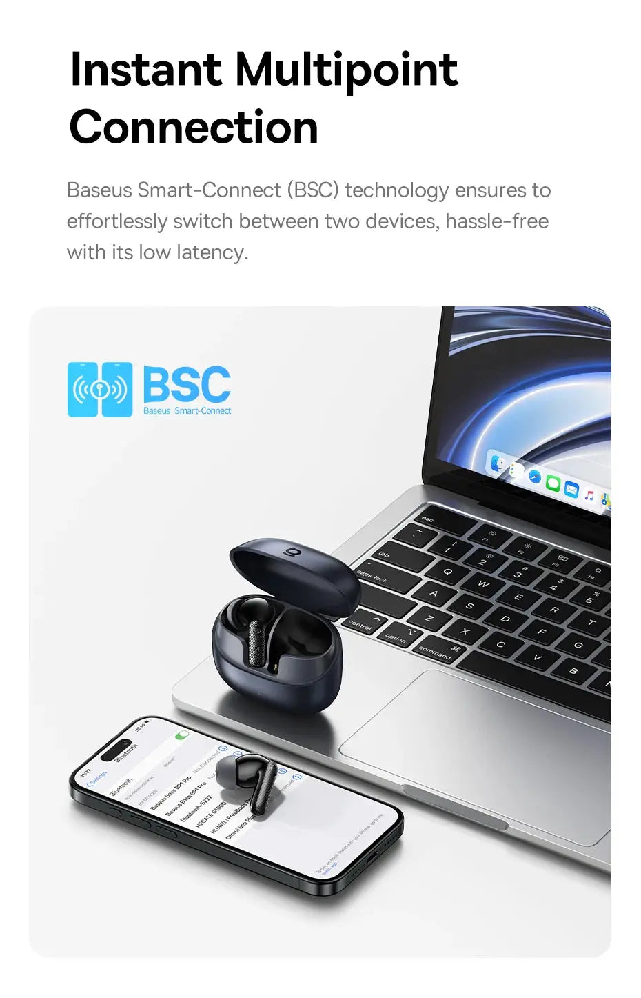 Baseus EP10 Pro ANC wireless earbuds with black charging case, Bluetooth 6.0, BSC logo visible