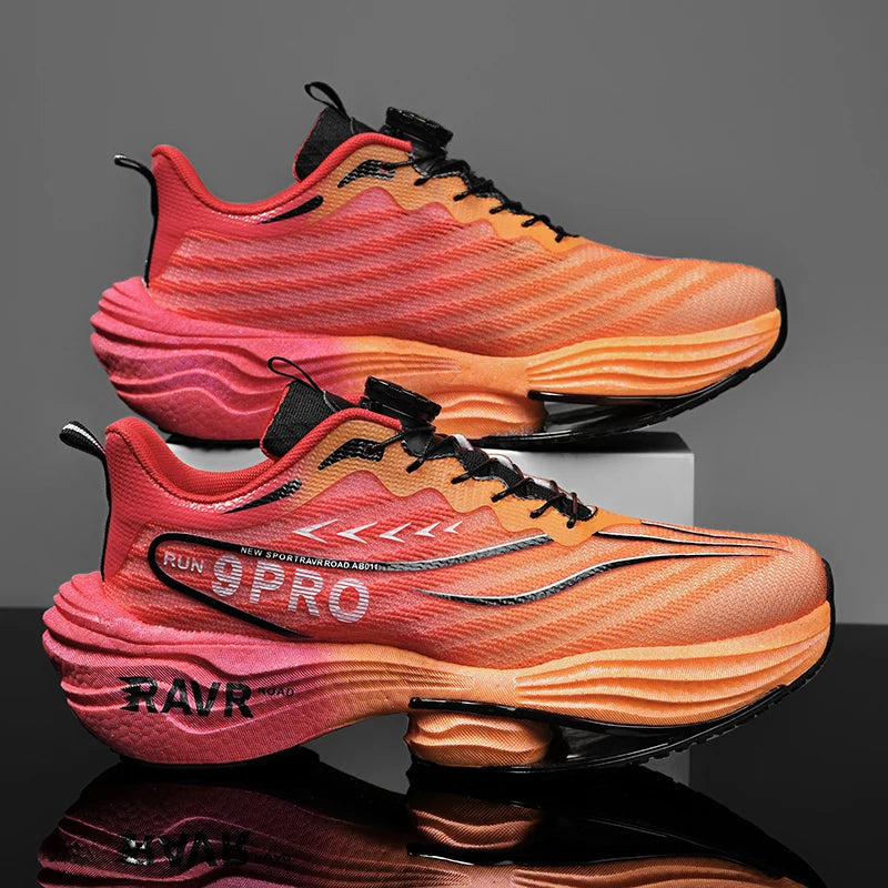 Pair of men's orange-pink gradient running shoes with cushioned midsole and black outsole.
