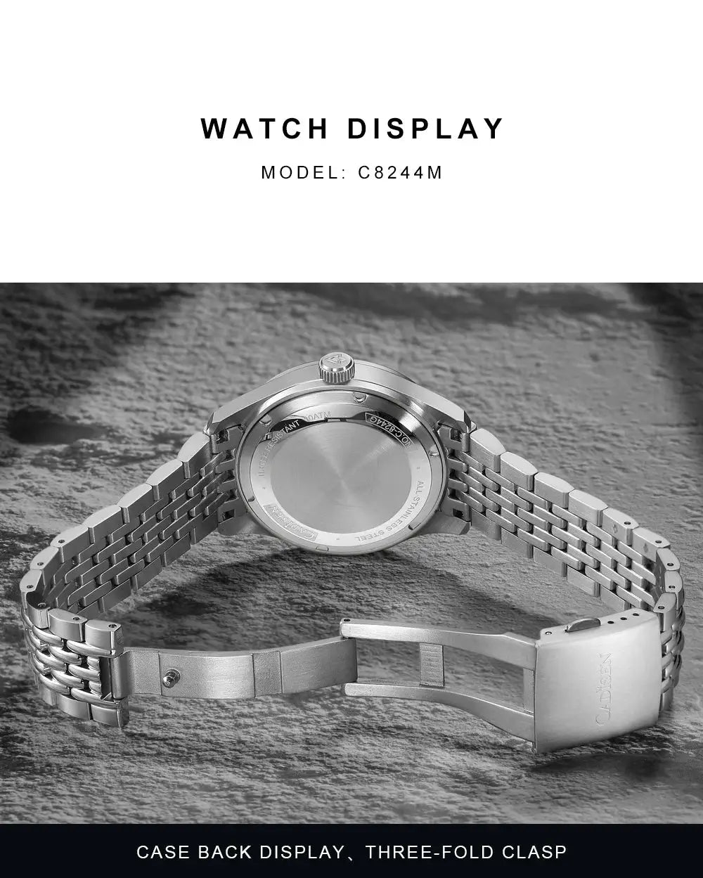 CADISEN automatic mechanical watch, silver stainless steel bracelet with three-fold clasp
