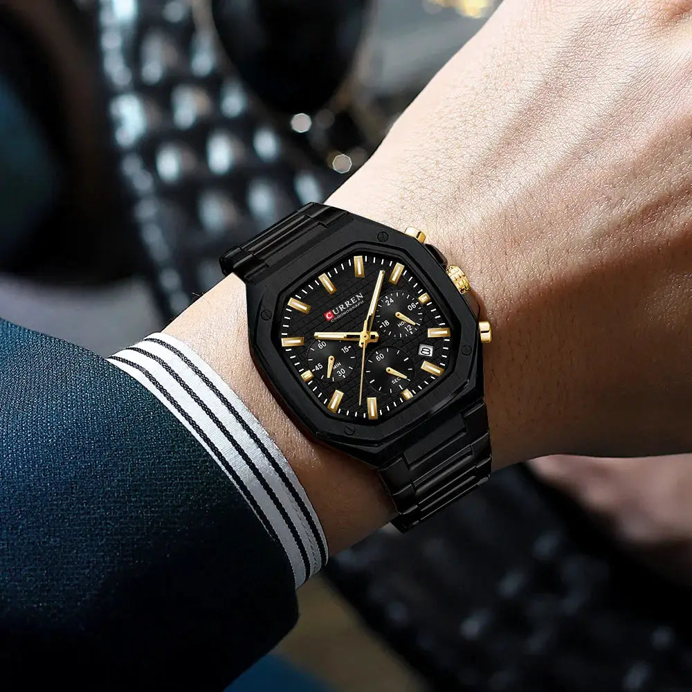 CURREN men's square black stainless steel chronograph watch with gold-tone markers and date window