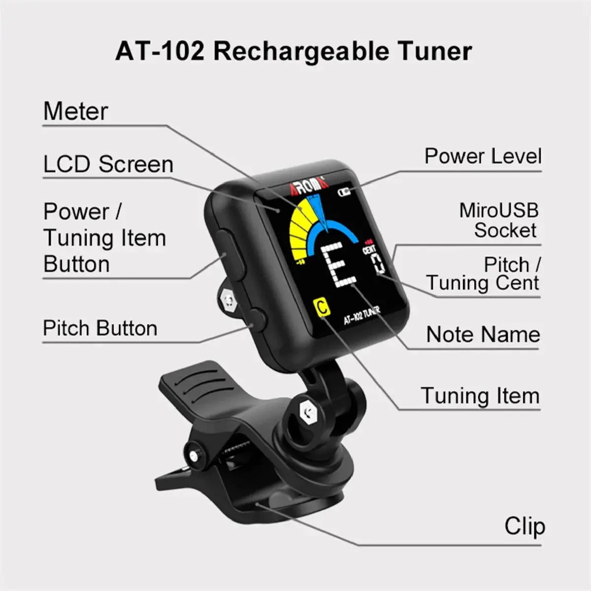 AROMA AT102 Rechargeable Tuner Clip On For Guitar Bass Ukulele Violin Large 360 Degree LCD Display And Built In Battery