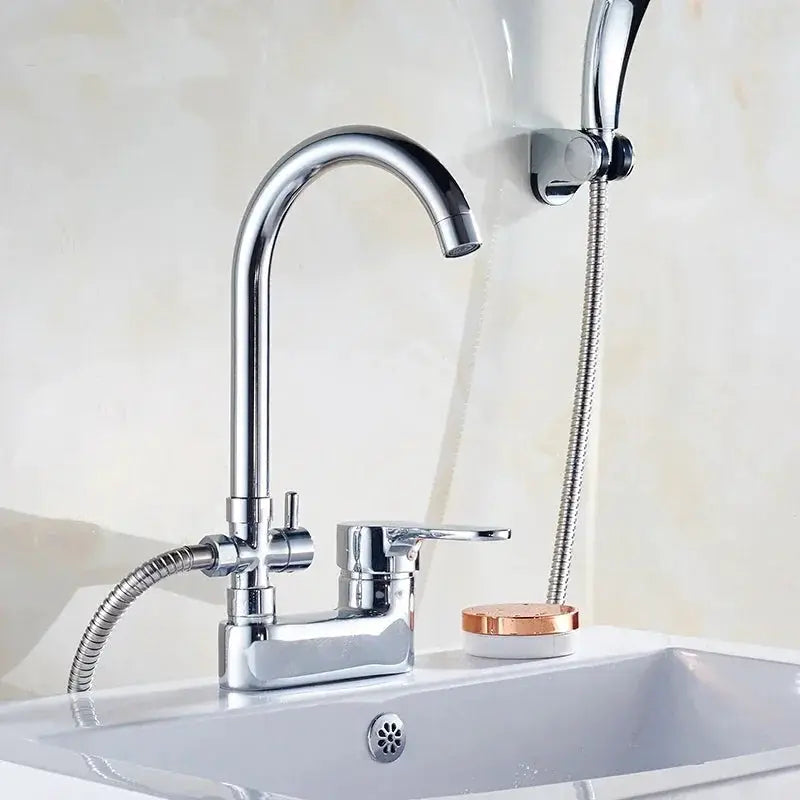 Chrome basin shower faucet with single-handle mixer, handheld sprayer, and flexible hose (deck-mounted).