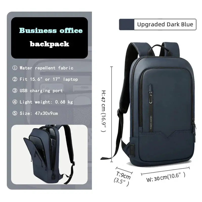 HK Slim Backpack for Men 15.6-inch laptop, navy blue, water-repellent fabric with USB charging port