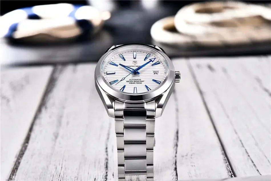 PAGANI DESIGN A150 40MM men's stainless steel automatic watch with white dial, blue hour markers, 100M water resistant