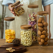 Wood Lid Glass Airtight Canister Set For Kitchen Storage Jars Containers Grains Tea Coffee Beans Candy