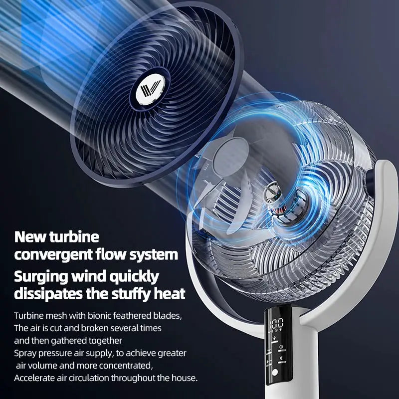 Simples Market floor fan, rechargeable DC 12V with 9000mAh battery and remote for outdoor use.