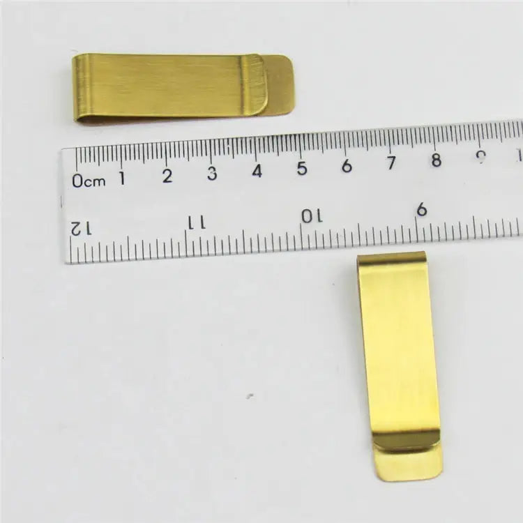 Personalized money clips, gold-toned metal, two clips shown with ruler for scale