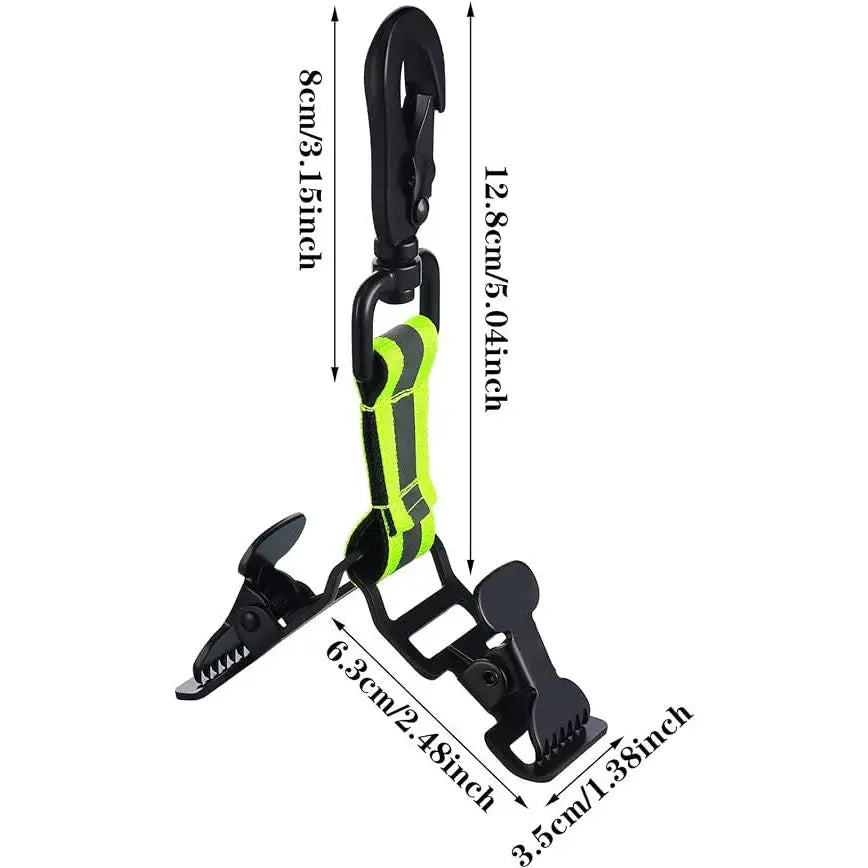 Glove clamp hanger for firefighting gear with neon green strap and black jaws.