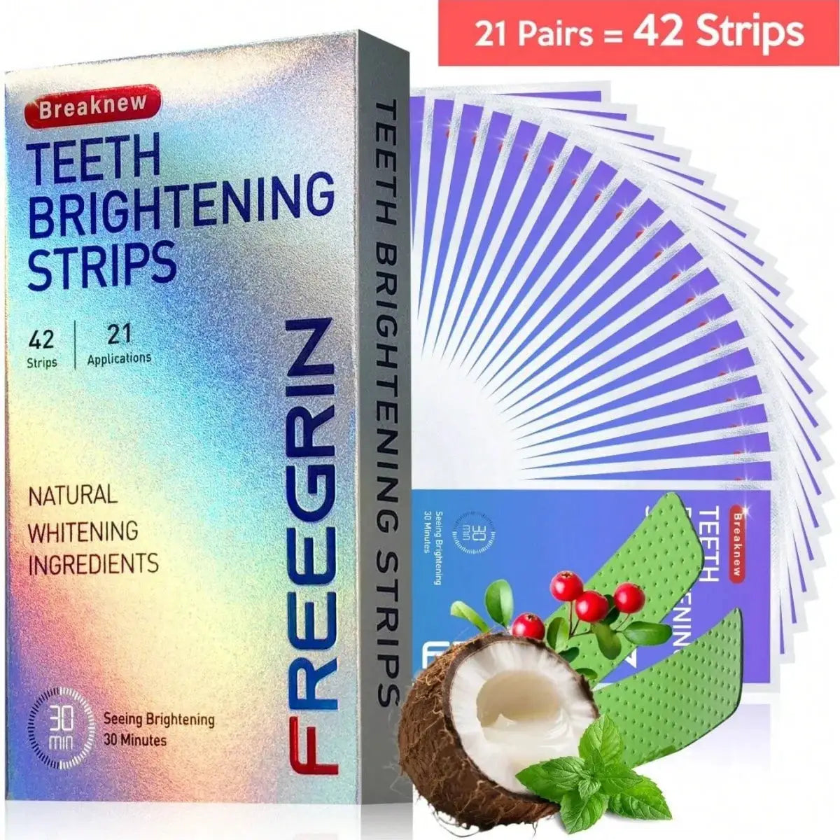 Breaknew Deluxe Teeth Whitening Strips box, 21 pairs (42 strips), mint-flavored with coconut imagery