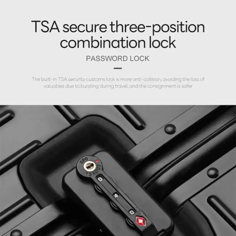 Travel suitcase aluminum-magnesium alloy with TSA three-position lock on black luggage