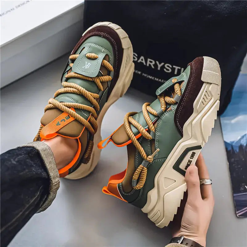Simples Market men's casual sports shoes, green and brown with orange laces, chunky beige sole pair.