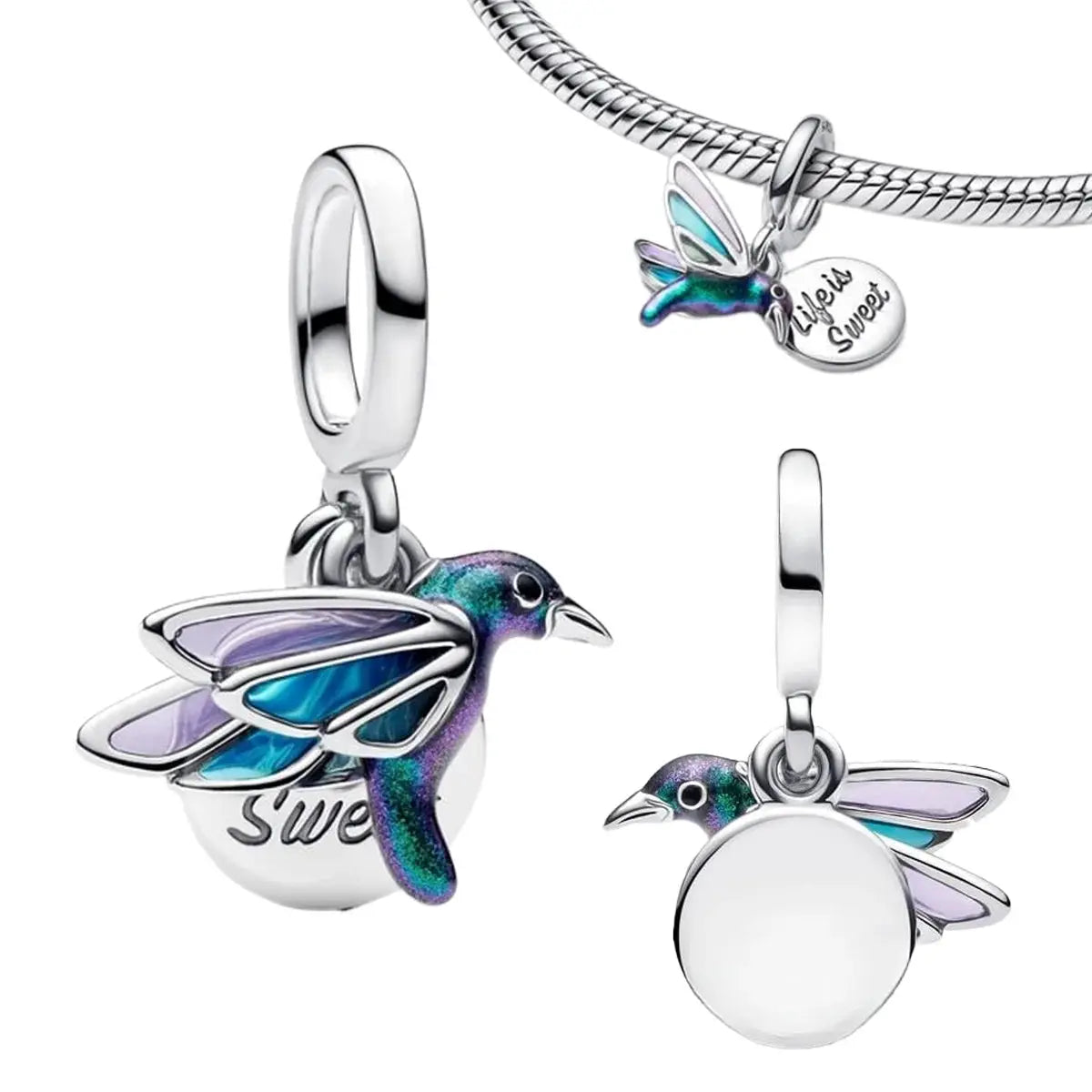 925 Silver Relief Carved Palm Leaf Heart Charm Set With Blue Dragonfly Butterfly Hummingbird Enamel Dangles For Bracelet
