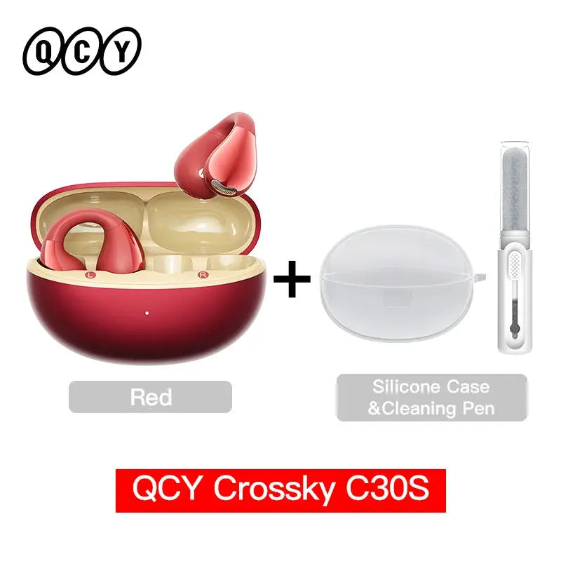 QCY Crossky C30S open-ear wireless earphones in red with charging case, plus silicone case and cleaning pen