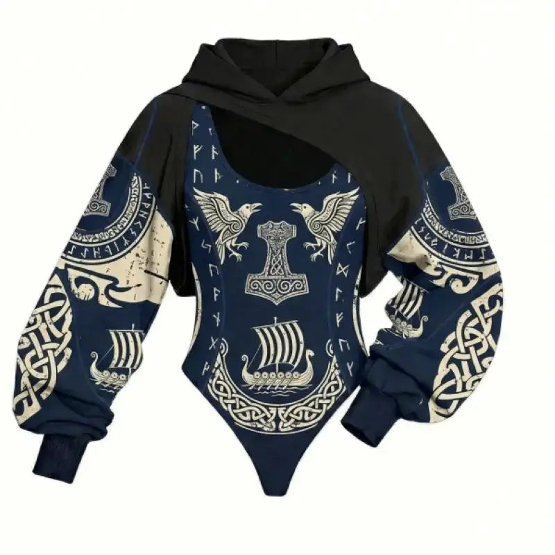 Viking print women's two-piece lounge set: navy blue bodysuit with Viking ship motifs and a black hooded top
