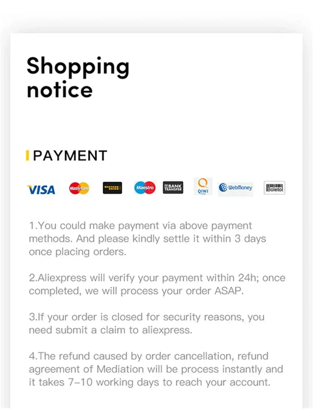 Shopping notice with payment logos Visa MasterCard Maestro QIWI WebMoney Boleto and order terms.