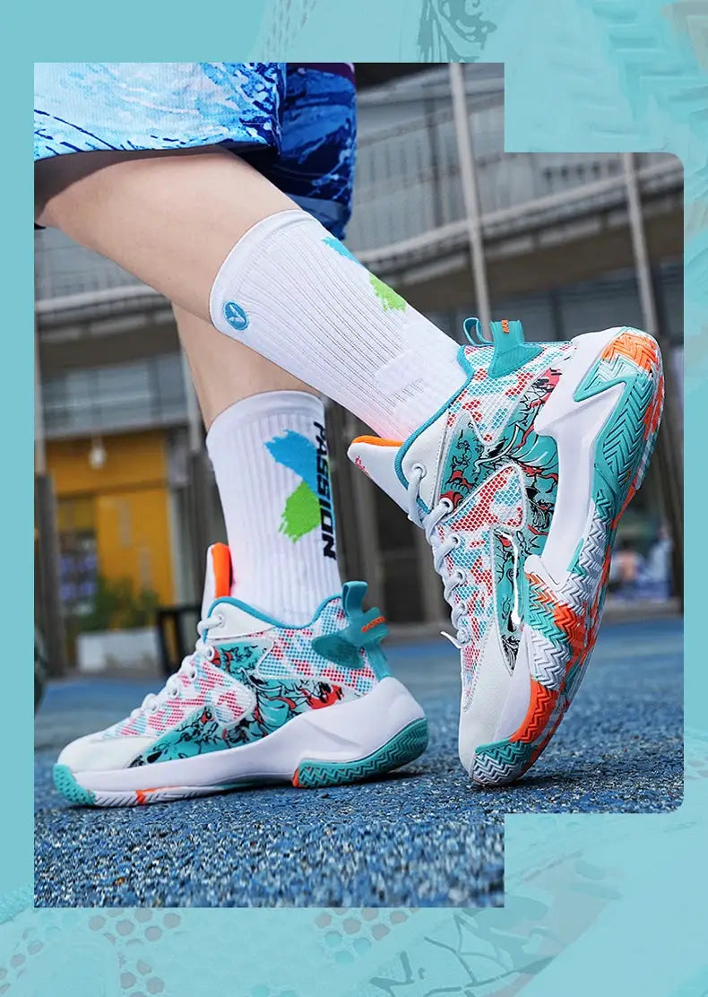 Men's running sneakers pair in teal, white and orange; breathable mesh athletic trainer