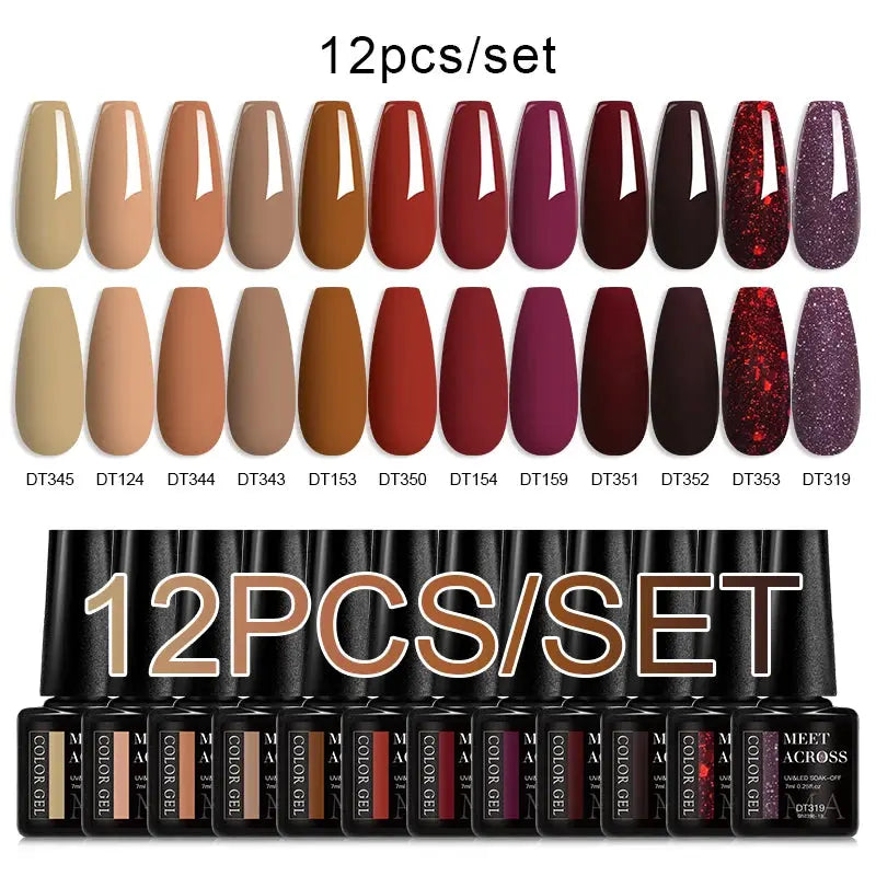 12-piece gel nail polish set by Simples Market in nude, red, purple and glitter shades for spring nails