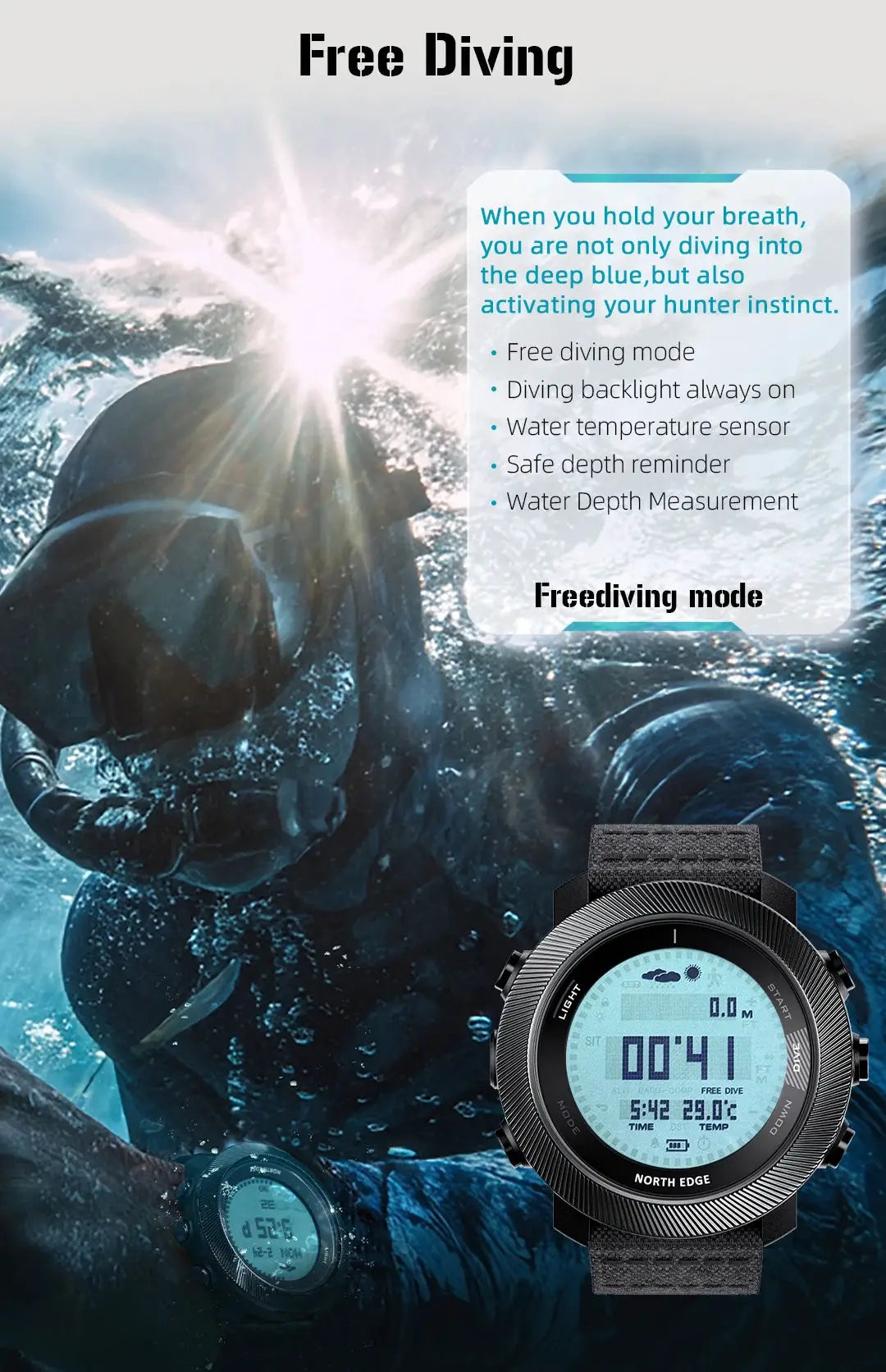 North Edge Apache-D men's digital dive watch with altitude barometer and compass; dual watches, 100m water resistant