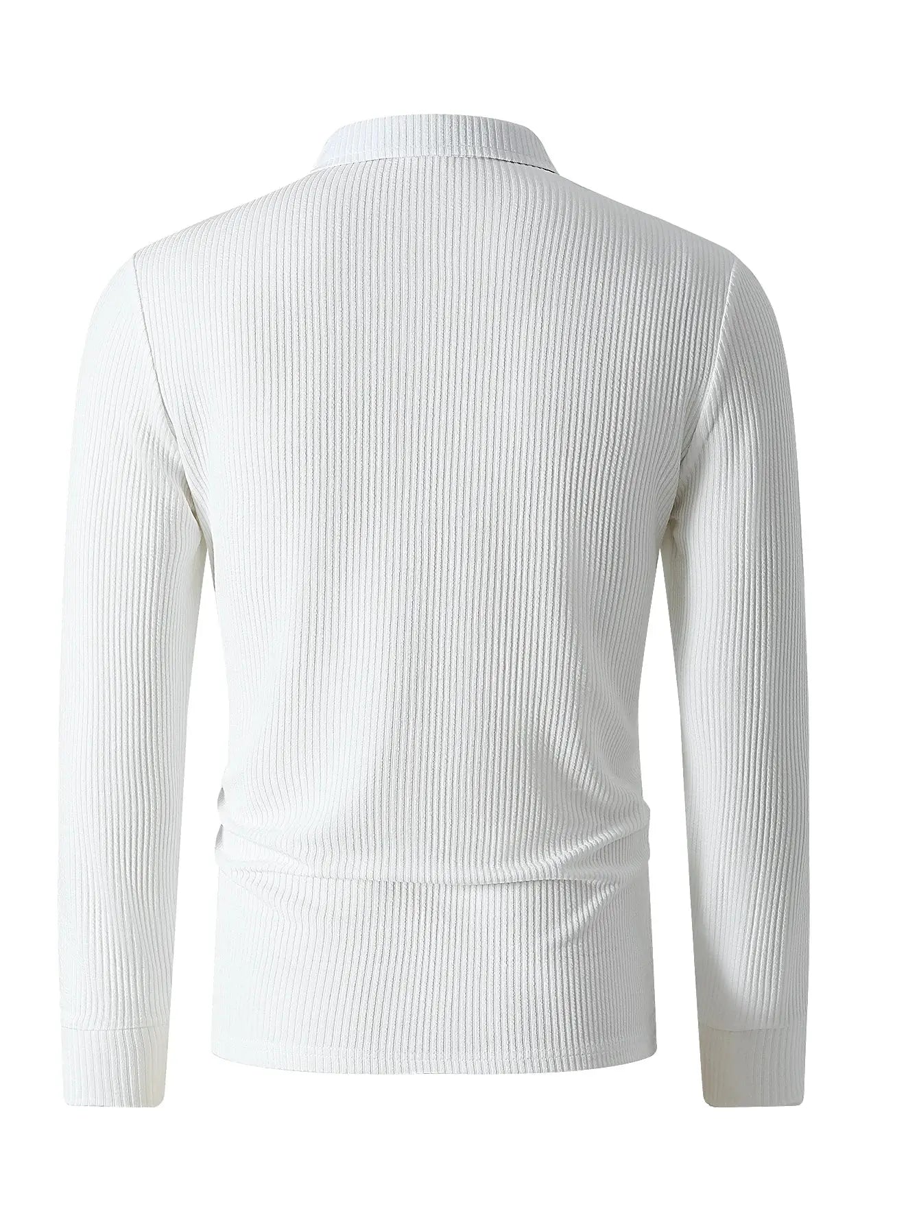 Long-sleeve polo shirt, white ribbed knit fabric, back view
