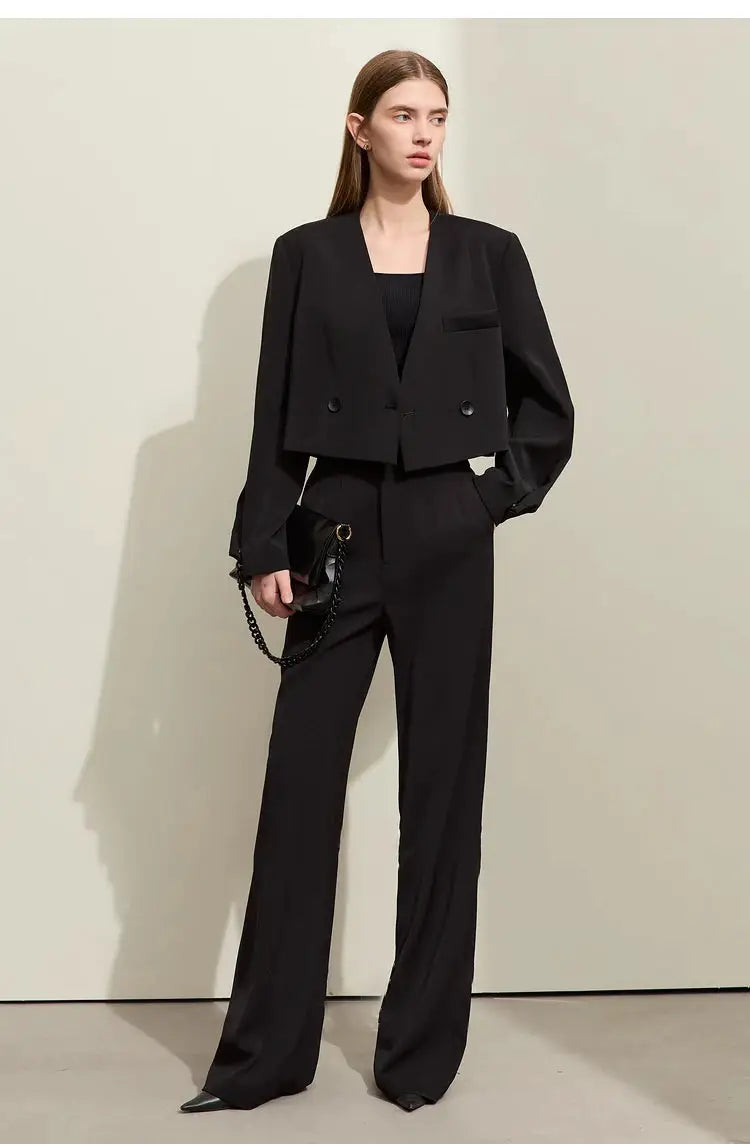 AMII Minimalism women's black cropped blazer set with wide-leg pants by Simples Market