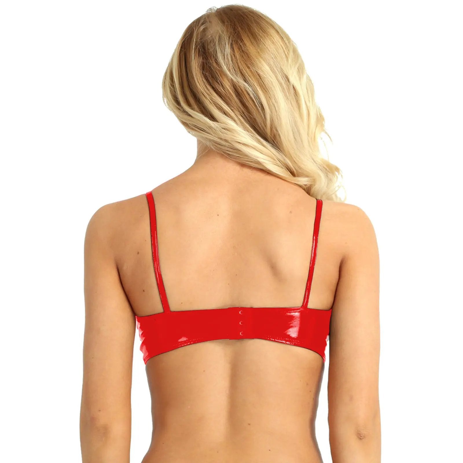Red patent-leather bra top with thin straps and back hook closure