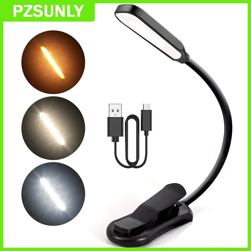 Simples Market LED book light USB rechargeable reading lamp with flexible gooseneck clip and 3-level warm to cool white