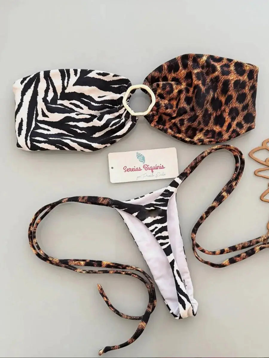 Two-piece animal-print bikini set with zebra and leopard prints, ring detail on bandeau top, thong bottoms