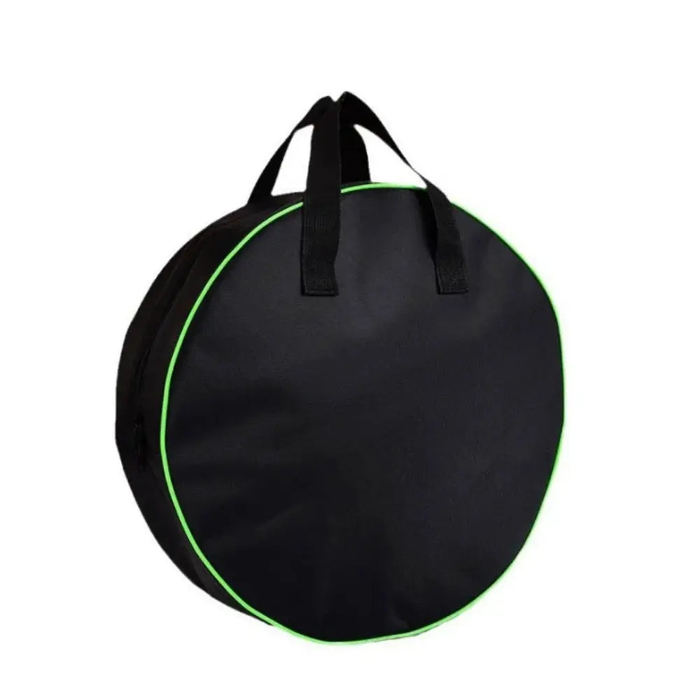 Circular black Oxford fabric waterproof tool pouch with neon green piping, carry handles for hardware tools.