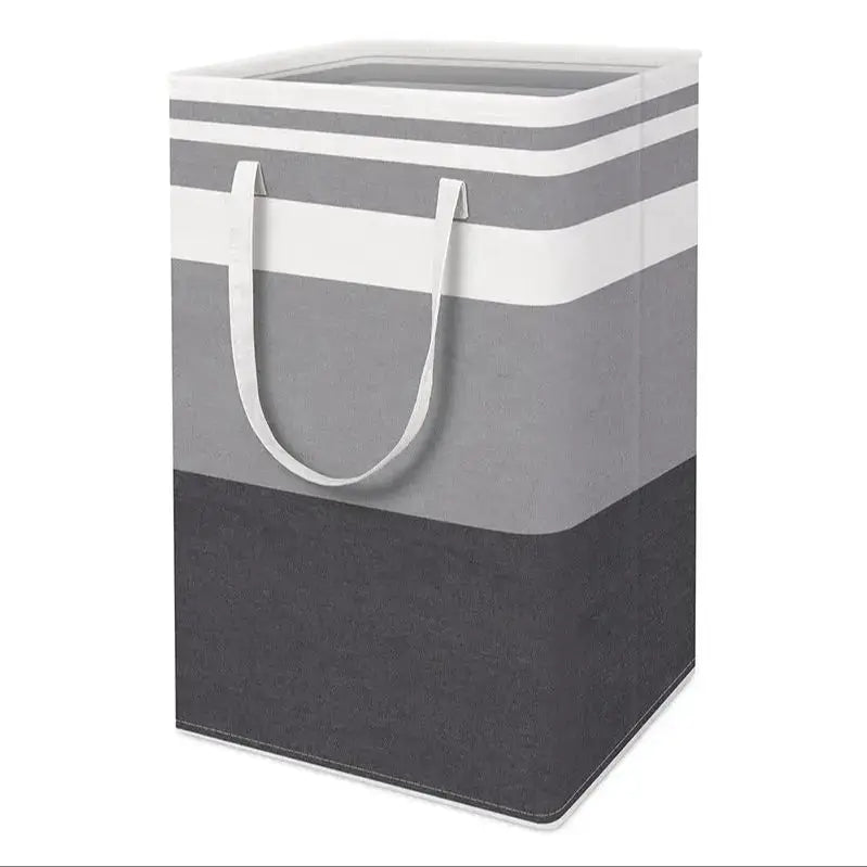Simples Market laundry basket, large capacity waterproof fabric with grey stripes and white handles.