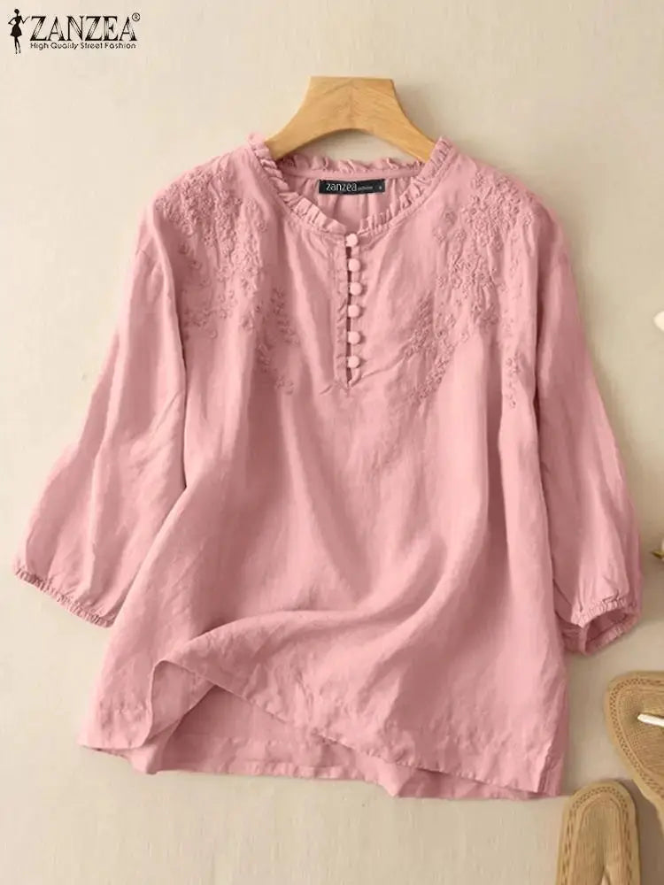 ZANZEA Summer Vintage Womens Blouse O Neck ThreeQuarter Sleeve Cotton