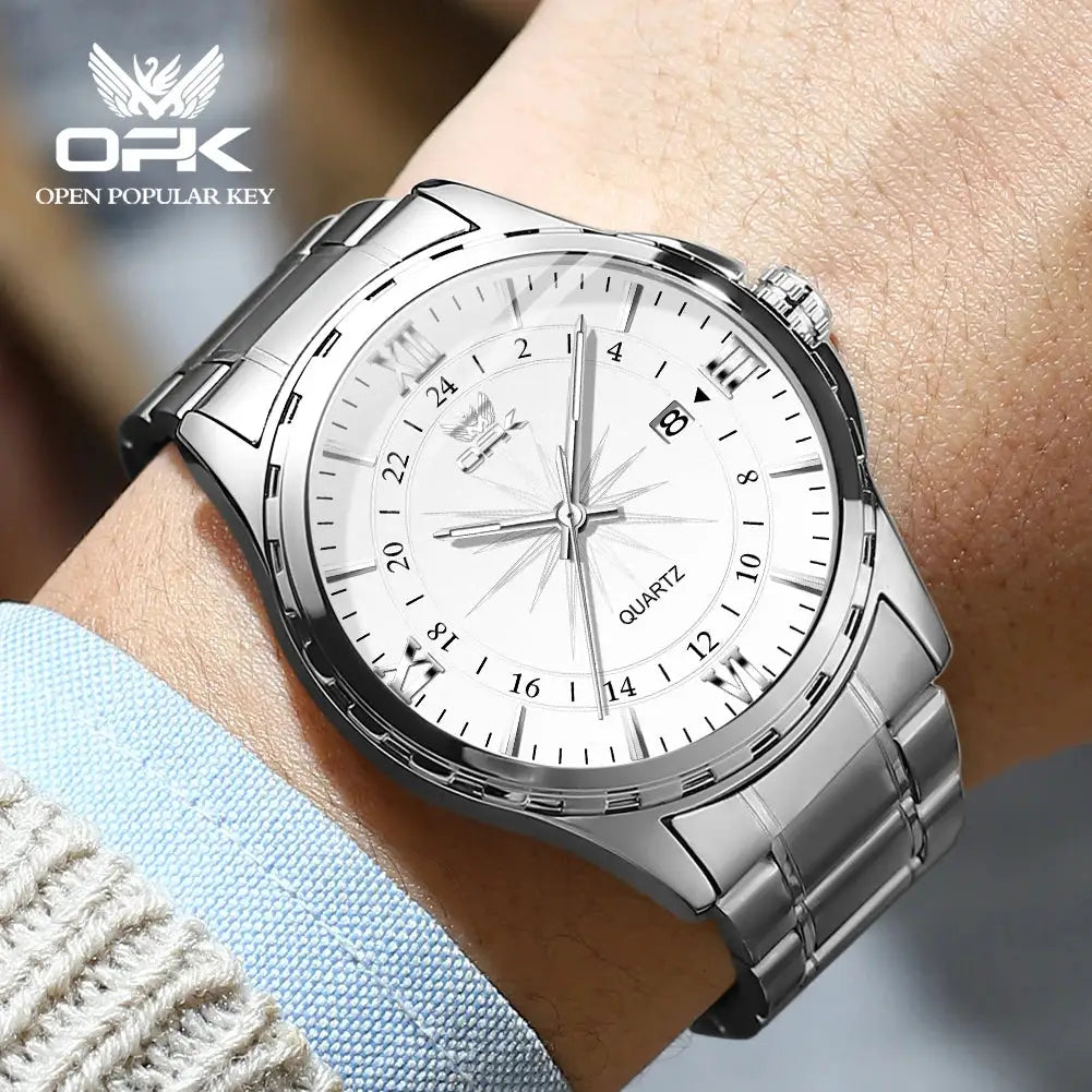 OPK Brand Steel Belt Dual Calendar Mens Quartz Watch 6003 Dual Calendar Display Stainless Steel Case