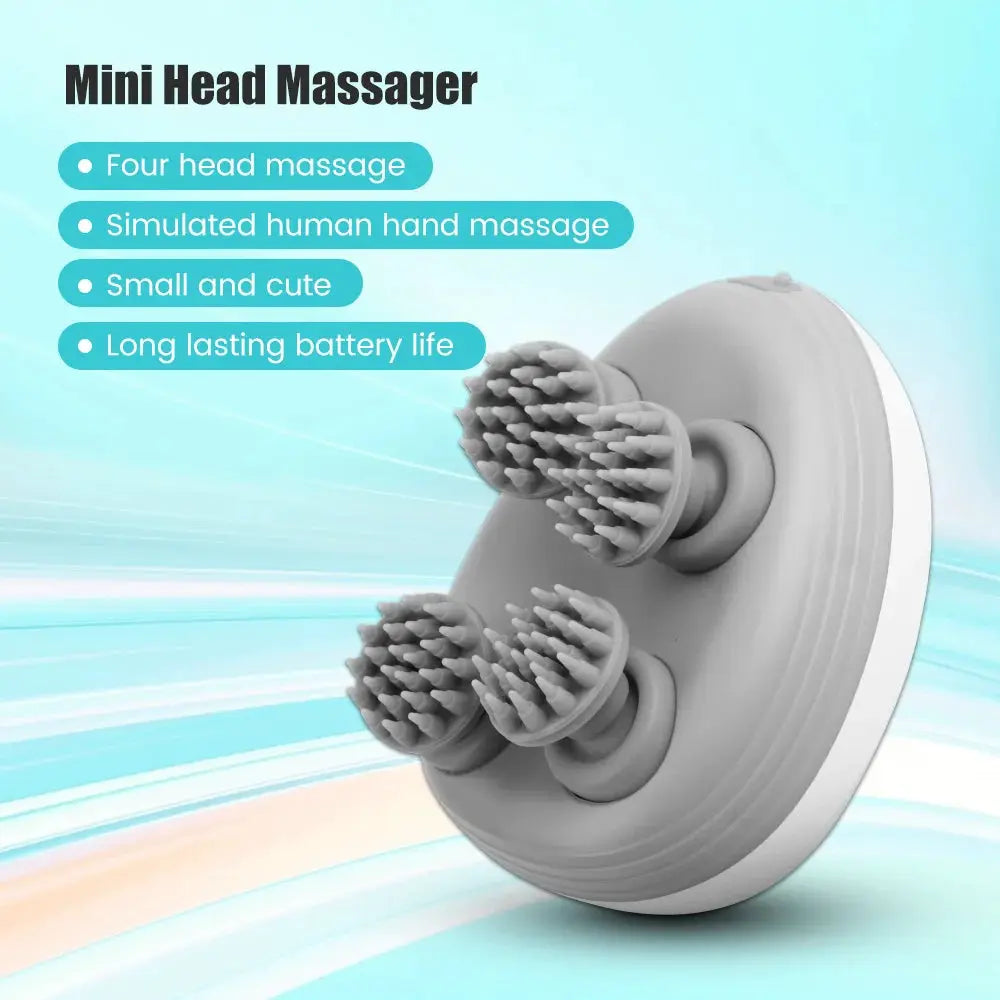 Mini head massager with four kneading massage heads on a round white and gray base