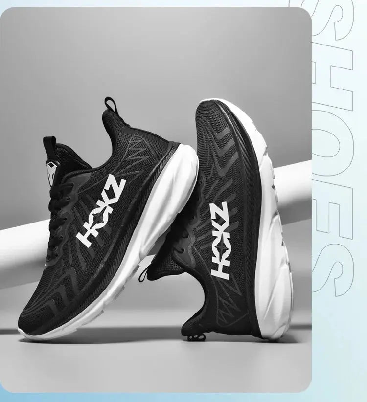 Men's black running shoes pair with white cushioned sole and breathable mesh, HOKY by Simples Market