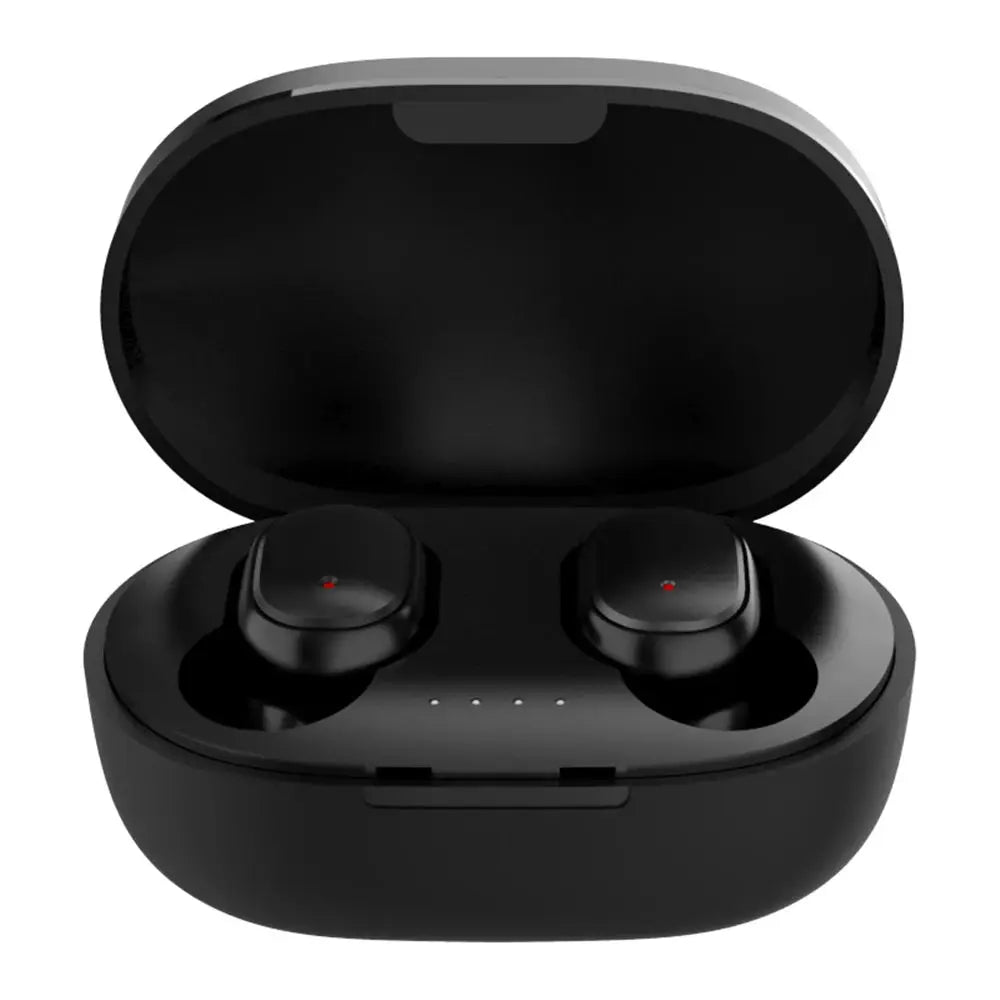 A6S wireless Bluetooth earphones pair in black with charging case and LED indicators
