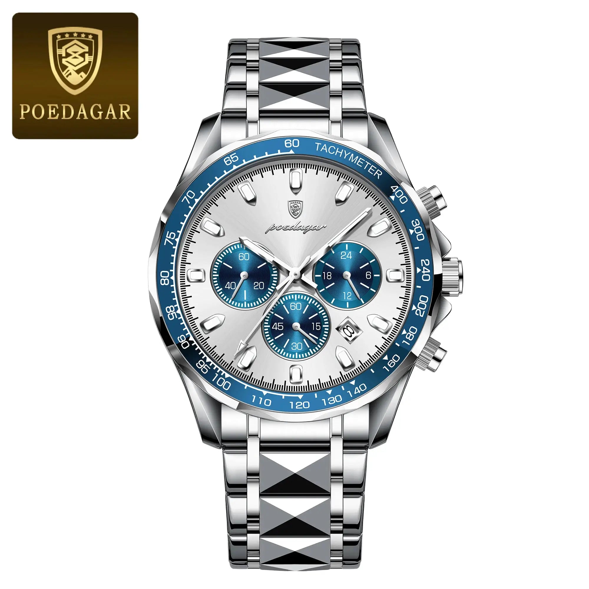 POEDAGAR stainless steel men's luxury chronograph watch with blue tachymeter bezel and blue subdials