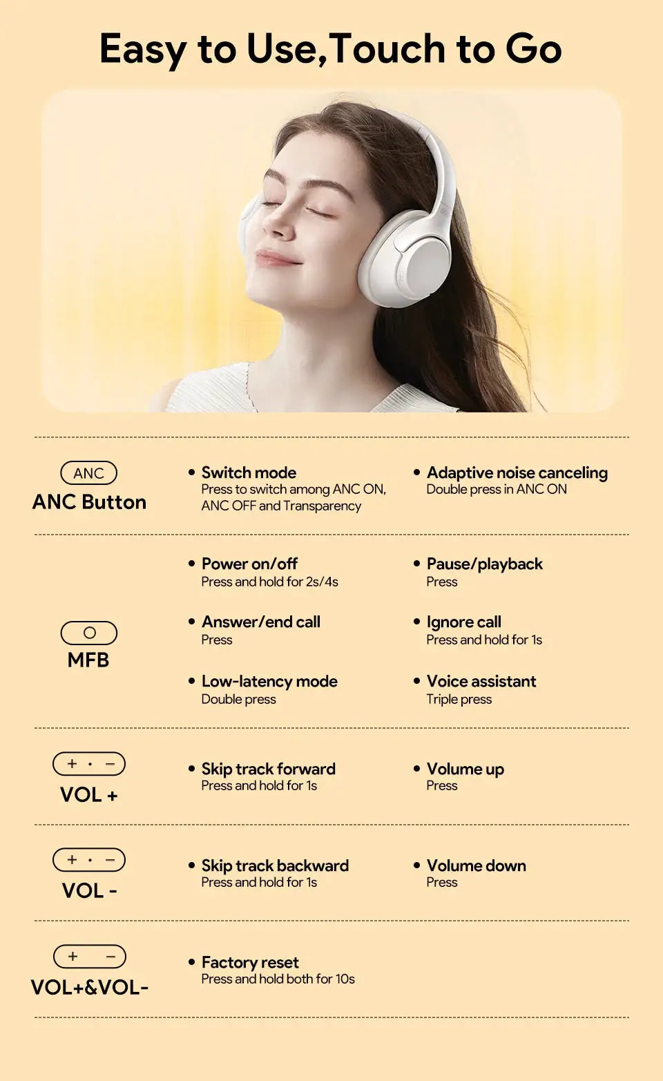 QCY H3 ANC wireless over-ear headphones in white worn by a smiling woman